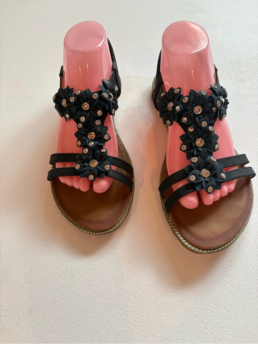 Women's navy Floral T-Strap Sandals with Rhinestones